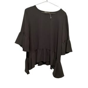 Gibson Ruffle Blouse Top Women SZ L Black Flutter Long Sleeve Round Neck Cotton